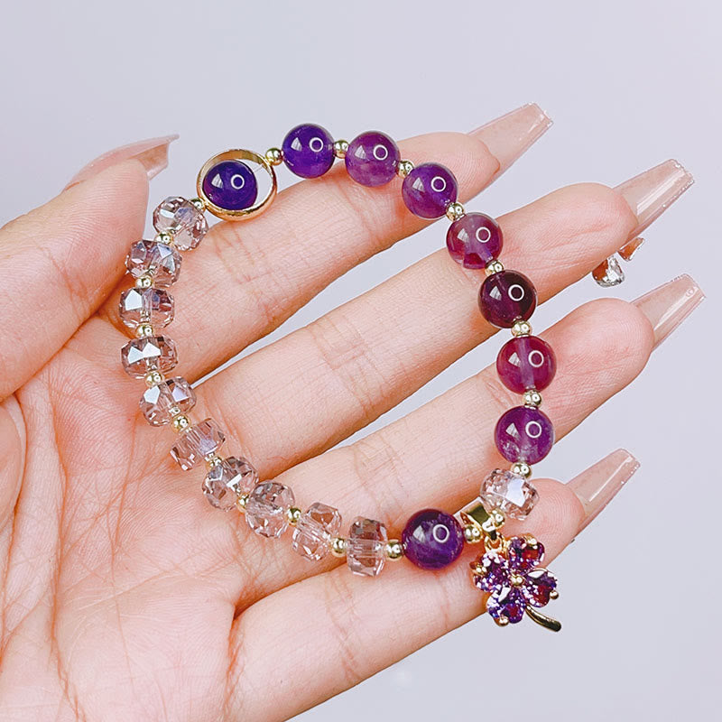 Buddha Stonesアメジストクリスタル 四つ葉のクローバー ヒーリングチャームブレスレット