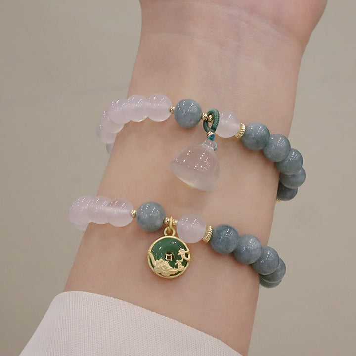Buddha Stones白瑪瑙 翡翠 蓮の花 平和バックル 守護ブレスレット