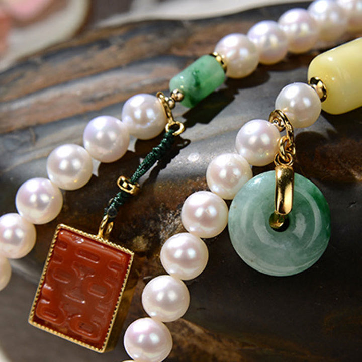 Buddha Stones 925スターリングシルバーパール和田翡翠レッドアゲートダブルハピネスアンバーラッキー4重ラップブレスレット