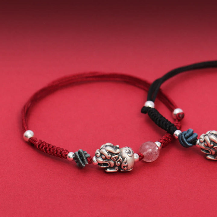 Buddha Stones 999スターリングシルバー PiXiu ストロベリークォーツビーズ 富と幸運の編み込みブレスレット