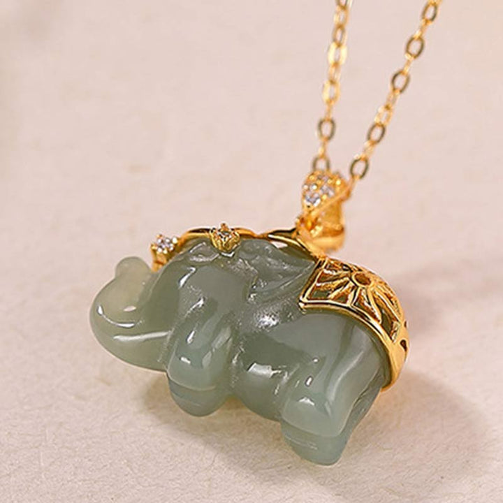 Buddha Stones925スターリングシルバー 翡翠象の幸運の祝福ネックレスチェーンペンダント