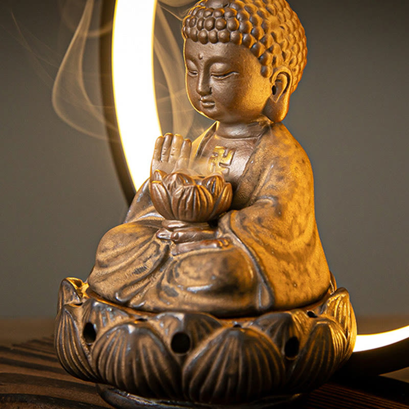 Buddha Stones仏陀 蓮 逆流 煙噴水 陶器 祝福 香炉 ライト装飾付き