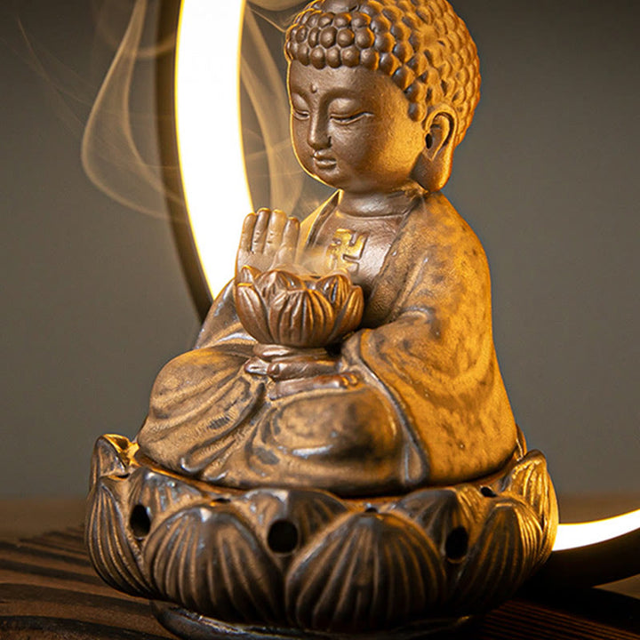 Buddha Stones仏陀 蓮 逆流 煙噴水 陶器 祝福 香炉 ライト装飾付き