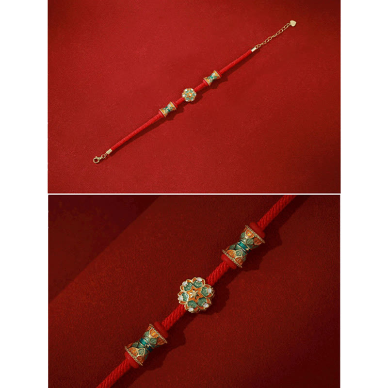Buddha Stones敦煌 925 スターリングシルバー 蓮鼓 新たな始まり 赤いロープブレスレット