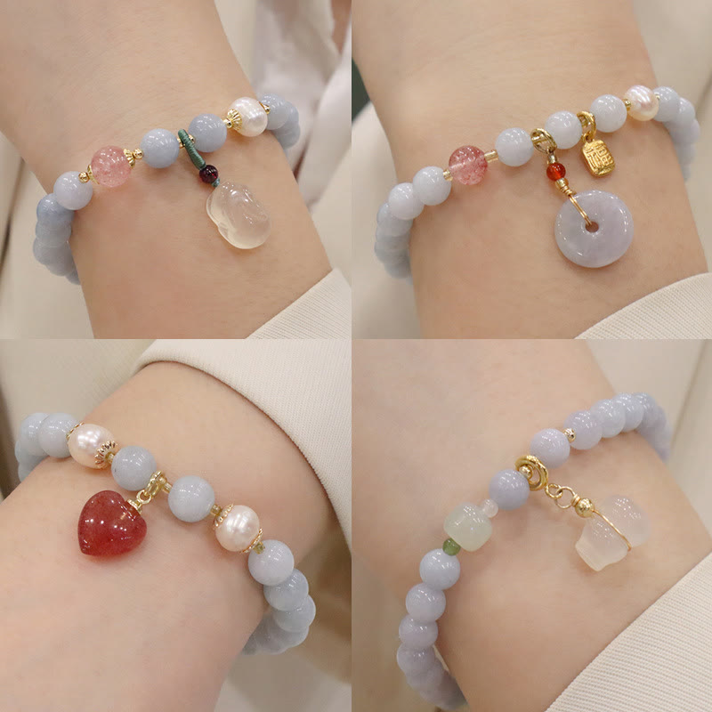Buddha Stones天然アクアマリン カルセドニー セレニティ ウサギ ひょうたん 猫 チャームブレスレット - image 1