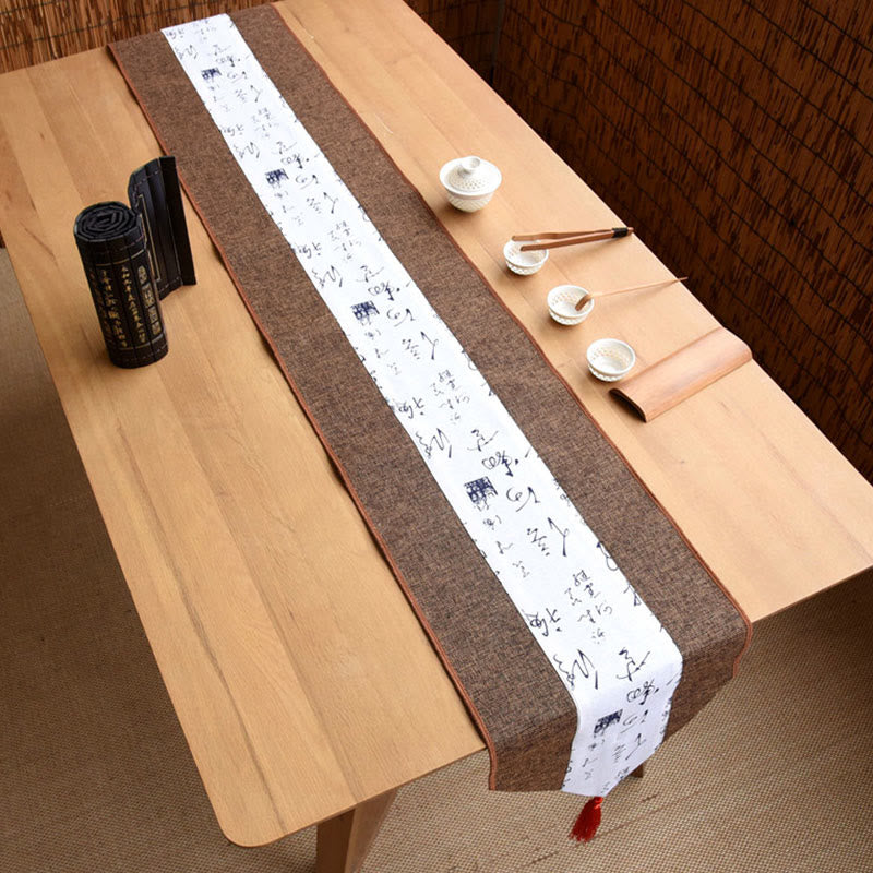 Buddha Stonesクラシックな中国風 蓮 鯉 花 鶴 書道 悟り コットン リネン タッセル テーブルランナー
