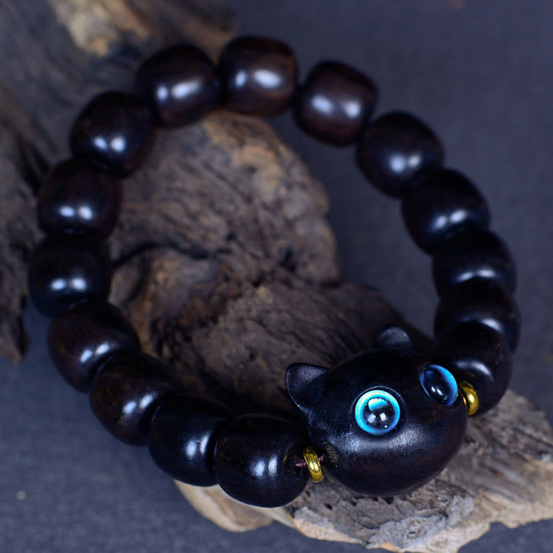 Buddha Stones、黒檀、琉璃ガラス、愛らしい猫の平和バランスブレスレット - image 17