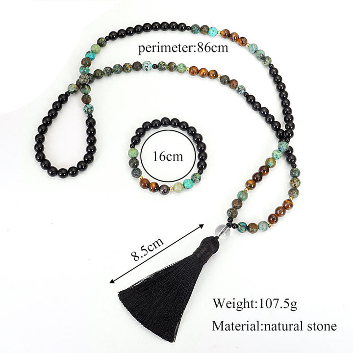 Buddha Stones 108Malaビーズ 天然石 タイガーアイ ターコイズ 保護 強さ ブレスレット ネックレス