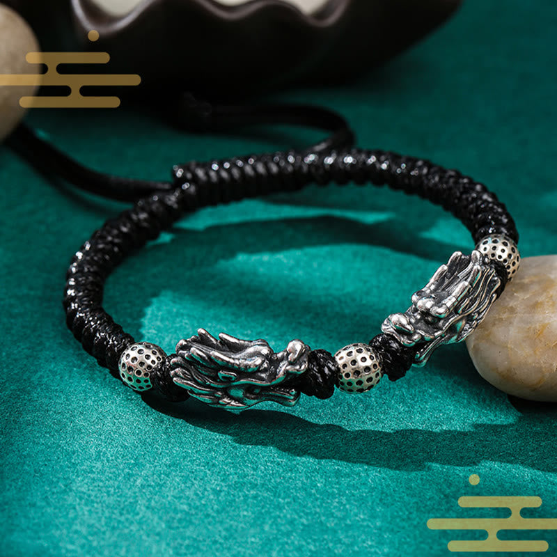Buddha Stones999 スターリングシルバー ダブルドラゴン 幸運 ハンドメイド 編み込みブレスレット