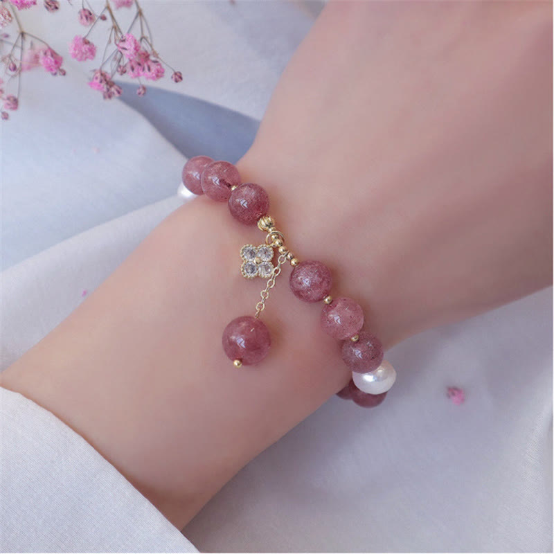 Buddha Stones天然ストロベリークォーツパール 四つ葉のクローバー ラブブレスレット