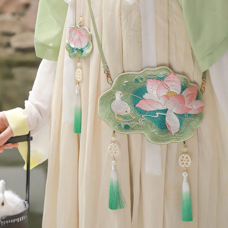 Buddha Stonesと幸運の刺繍、蓮と鯉とウサギの花の漢服バッグ、斜め掛けバッグ、ショルダーバッグ