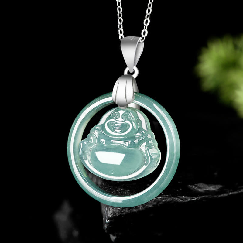 Buddha Stones925スターリングシルバー 天然翡翠 ラウンド 笑い仏 豊穣 チェーンネックレス ペンダント