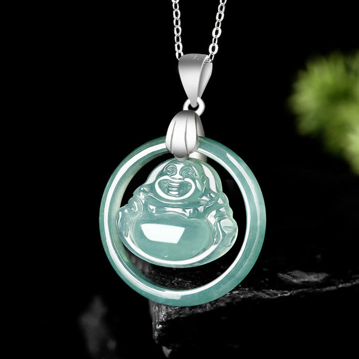 Buddha Stones925スターリングシルバー 天然翡翠 ラウンド 笑い仏 豊穣 チェーンネックレス ペンダント