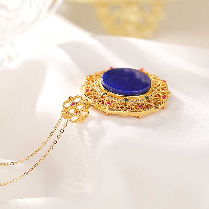 Buddha Stones 925スターリングシルバーメッキゴールドラズライトポジティブネックレスペンダント