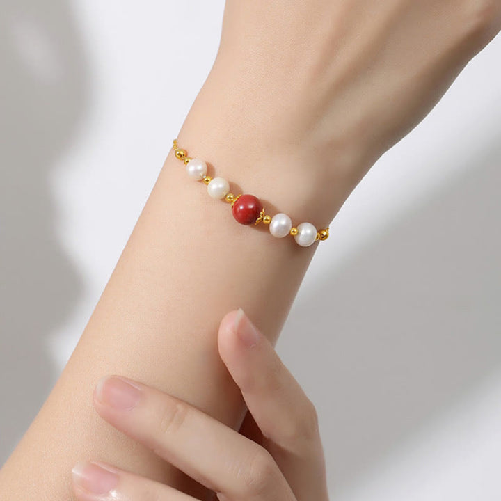 Buddha Stones925スターリングシルバー パール シナバー ヒーリングビーズチェーンブレスレット